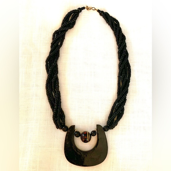 Vintage Art Necklace Multi Strand Beaded Large painted pendant Black Red Gold - Picture 7 of 12